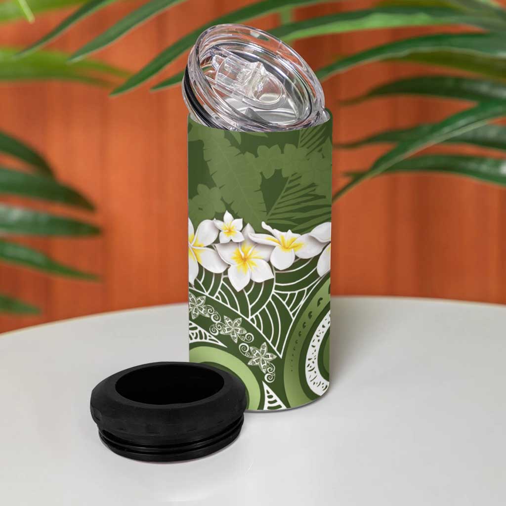 Green Polynesian Tribal Frangipani Tropical Vibe 4 in 1 Can Cooler Tumbler