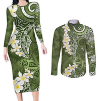 Green Polynesian Tribal Frangipani Tropical Vibe Couples Matching Long Sleeve Bodycon Dress and Long Sleeve Button Shirt