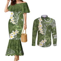 Green Polynesian Tribal Frangipani Tropical Vibe Couples Matching Mermaid Dress and Long Sleeve Button Shirt