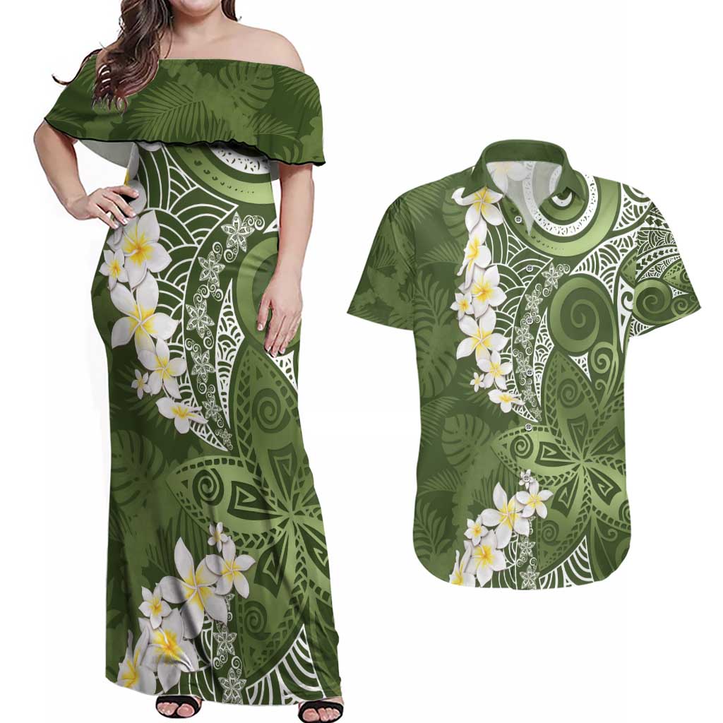 Green Polynesian Tribal Frangipani Tropical Vibe Couples Matching Off Shoulder Maxi Dress and Hawaiian Shirt
