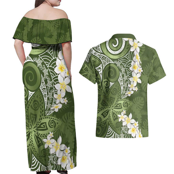 Personalized Hawaii Maui Couples Matching Off Shoulder Maxi Dress and Hawaiian Shirt Polynesian Fish Hook Hibiscus Blue Version LT05 main image 1