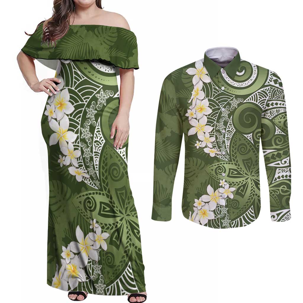 Green Polynesian Tribal Frangipani Tropical Vibe Couples Matching Off Shoulder Maxi Dress and Long Sleeve Button Shirt