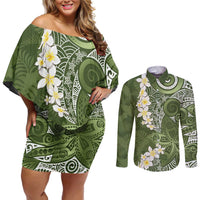 Green Polynesian Tribal Frangipani Tropical Vibe Couples Matching Off Shoulder Short Dress and Long Sleeve Button Shirt