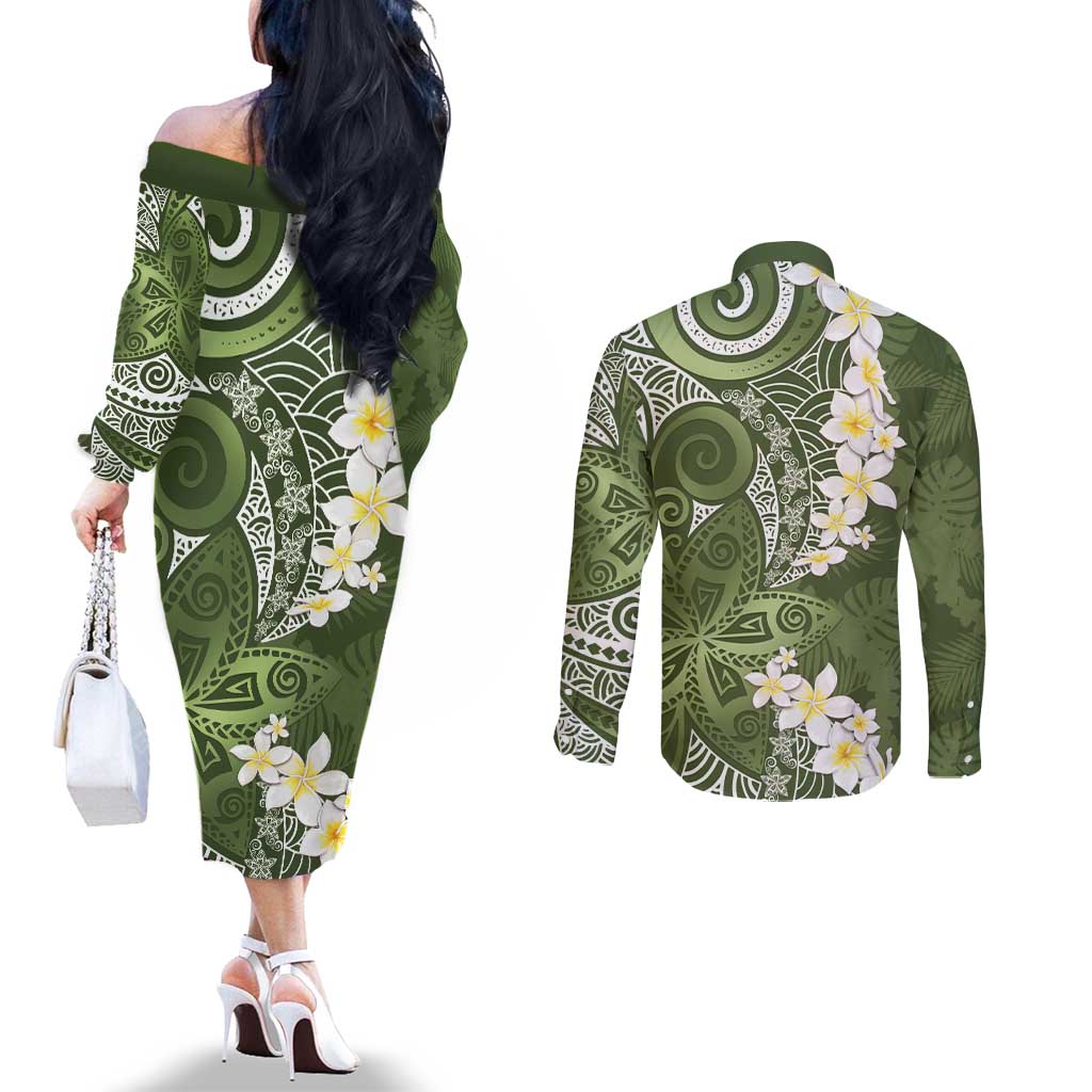 Green Polynesian Tribal Frangipani Tropical Vibe Couples Matching Off The Shoulder Long Sleeve Dress and Long Sleeve Button Shirt
