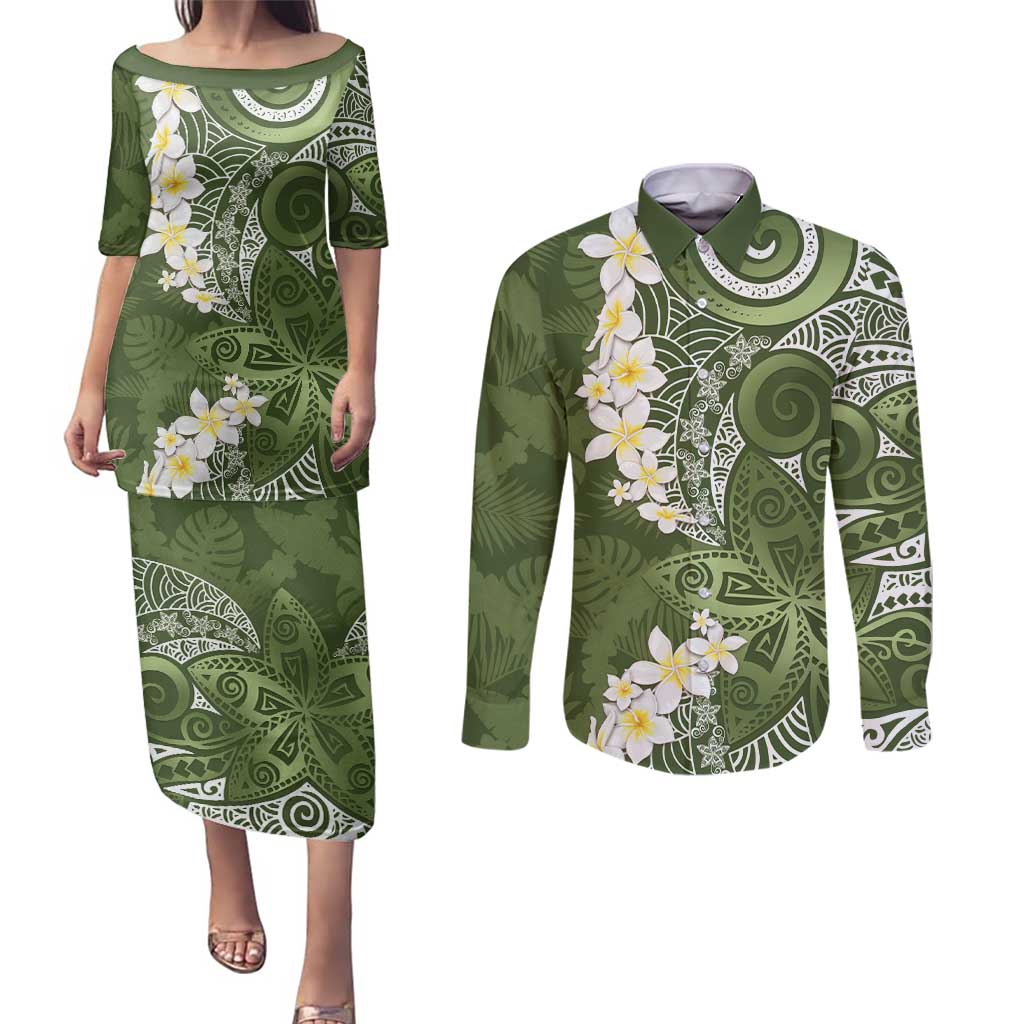 Green Polynesian Tribal Frangipani Tropical Vibe Couples Matching Puletasi and Long Sleeve Button Shirt