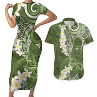 Green Polynesian Tribal Frangipani Tropical Vibe Couples Matching Short Sleeve Bodycon Dress and Hawaiian Shirt