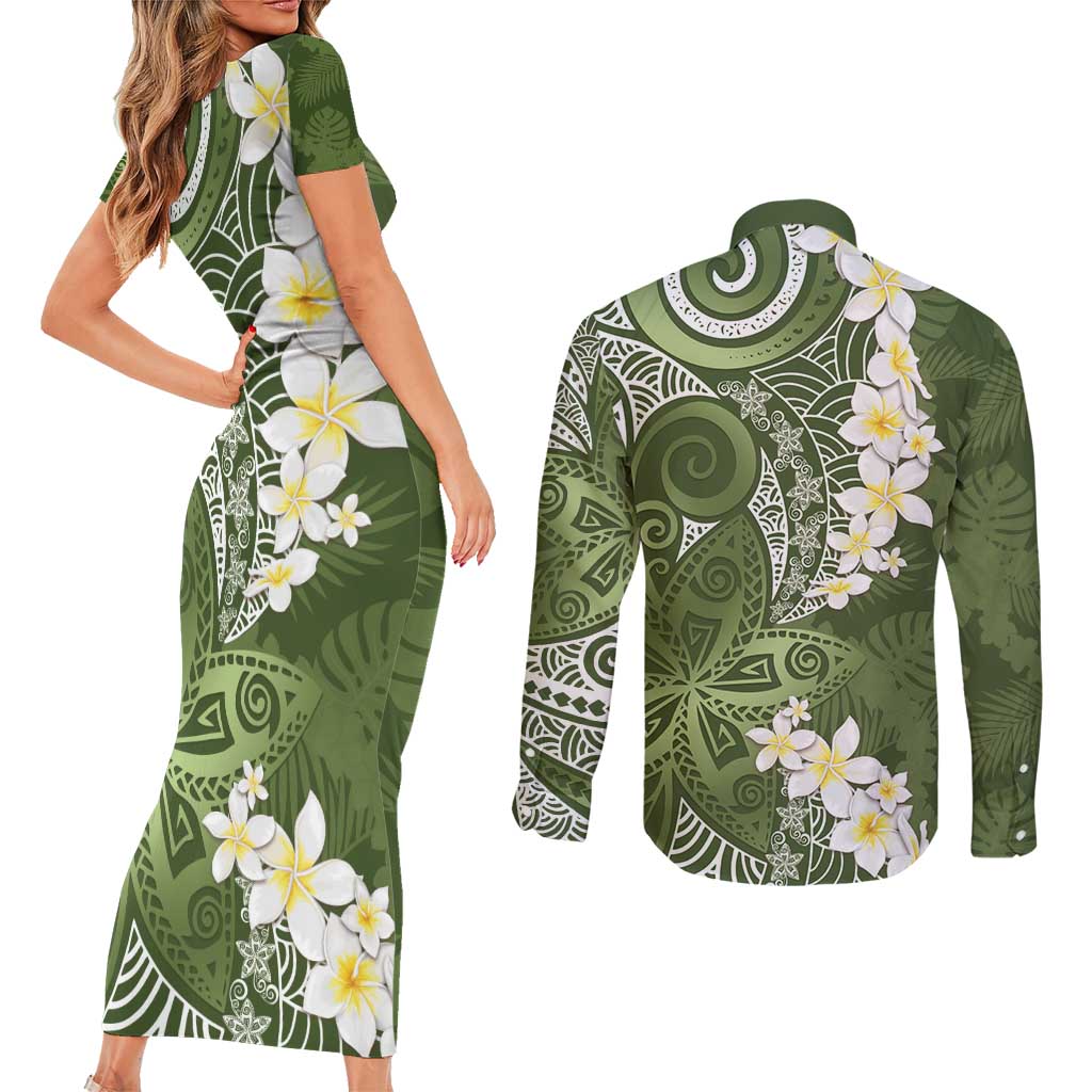Green Polynesian Tribal Frangipani Tropical Vibe Couples Matching Short Sleeve Bodycon Dress and Long Sleeve Button Shirt