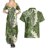 Green Polynesian Tribal Frangipani Tropical Vibe Couples Matching Summer Maxi Dress and Hawaiian Shirt