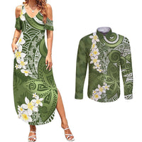 Green Polynesian Tribal Frangipani Tropical Vibe Couples Matching Summer Maxi Dress and Long Sleeve Button Shirt