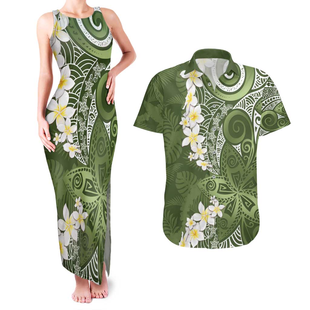 Green Polynesian Tribal Frangipani Tropical Vibe Couples Matching Tank Maxi Dress and Hawaiian Shirt