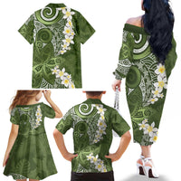 Green Polynesian Tribal Frangipani Tropical Vibe Family Matching Off The Shoulder Long Sleeve Dress and Hawaiian Shirt