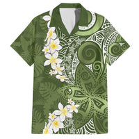Green Polynesian Tribal Frangipani Tropical Vibe Family Matching Off The Shoulder Long Sleeve Dress and Hawaiian Shirt