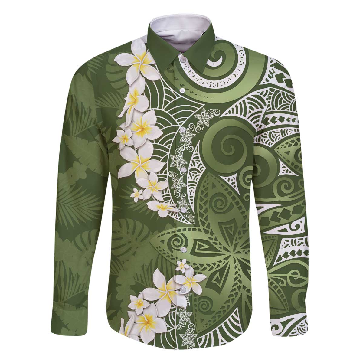 Green Polynesian Tribal Frangipani Tropical Vibe Family Matching Off The Shoulder Long Sleeve Dress and Hawaiian Shirt