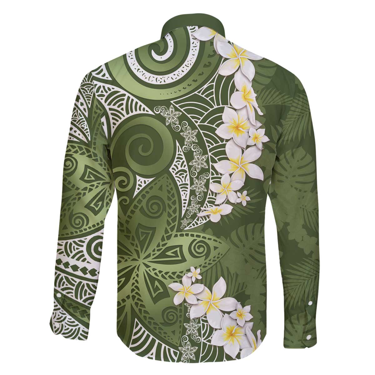 Green Polynesian Tribal Frangipani Tropical Vibe Family Matching Off The Shoulder Long Sleeve Dress and Hawaiian Shirt