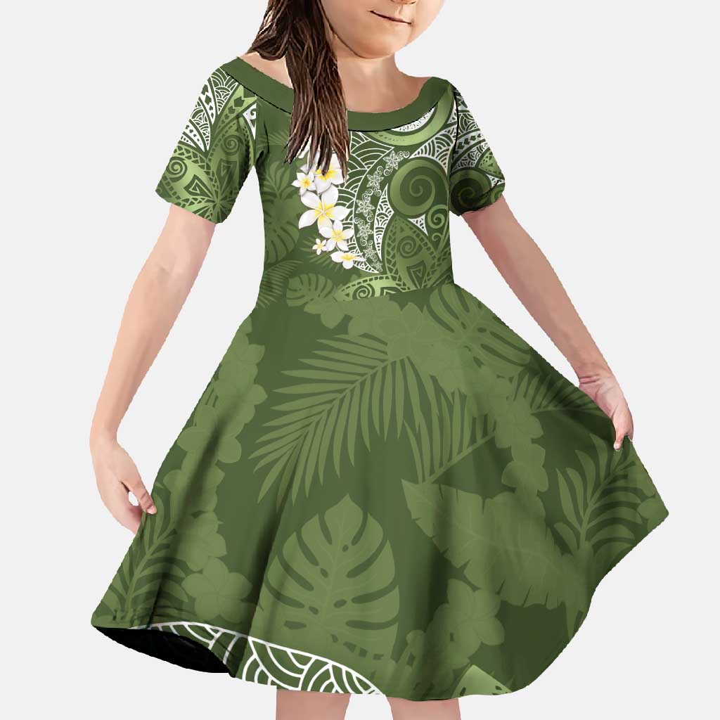Green Polynesian Tribal Frangipani Tropical Vibe Family Matching Off Shoulder Maxi Dress and Hawaiian Shirt