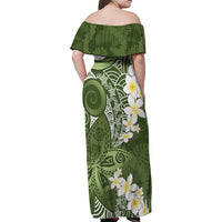 Green Polynesian Tribal Frangipani Tropical Vibe Family Matching Off Shoulder Maxi Dress and Hawaiian Shirt