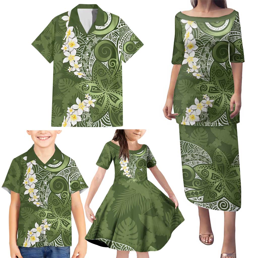 Green Polynesian Tribal Frangipani Tropical Vibe Family Matching Puletasi and Hawaiian Shirt