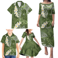 Green Polynesian Tribal Frangipani Tropical Vibe Family Matching Puletasi and Hawaiian Shirt