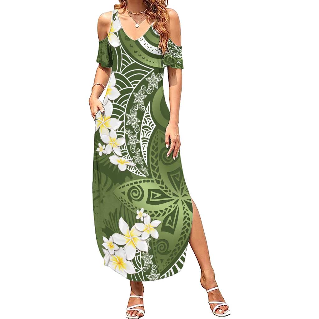 Green Polynesian Tribal Frangipani Tropical Vibe Family Matching Summer Maxi Dress and Hawaiian Shirt