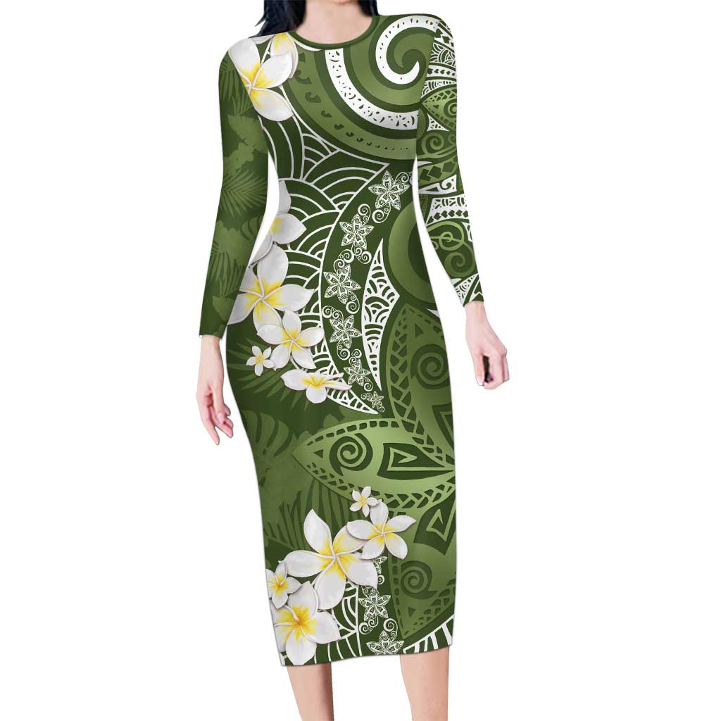 Green Polynesian Tribal Frangipani Tropical Vibe Long Sleeve Bodycon Dress