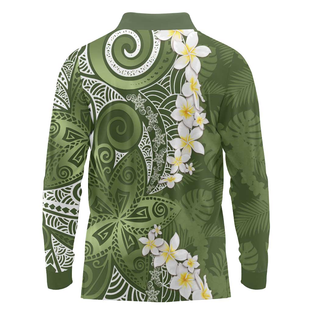 Green Polynesian Tribal Frangipani Tropical Vibe Long Sleeve Polo Shirt