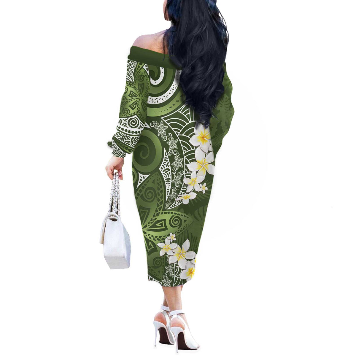 Green Polynesian Tribal Frangipani Tropical Vibe Off The Shoulder Long Sleeve Dress