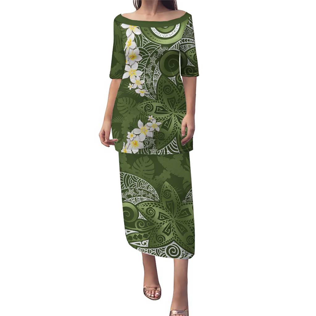 Green Polynesian Tribal Frangipani Tropical Vibe Puletasi