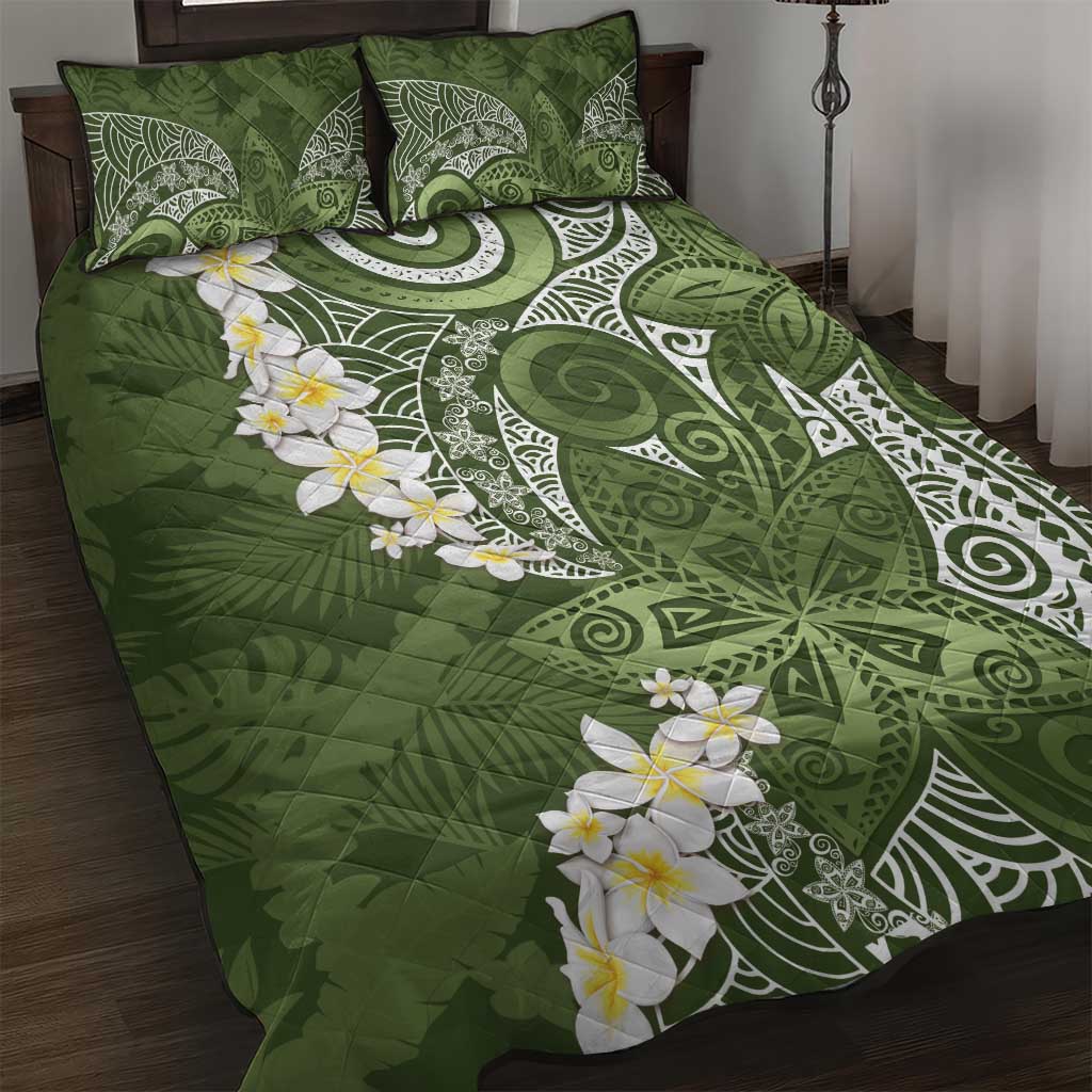 Green Polynesian Tribal Frangipani Tropical Vibe Quilt Bed Set