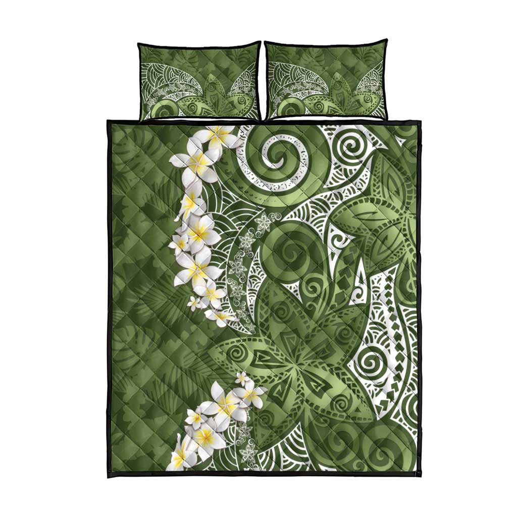 Green Polynesian Tribal Frangipani Tropical Vibe Quilt Bed Set