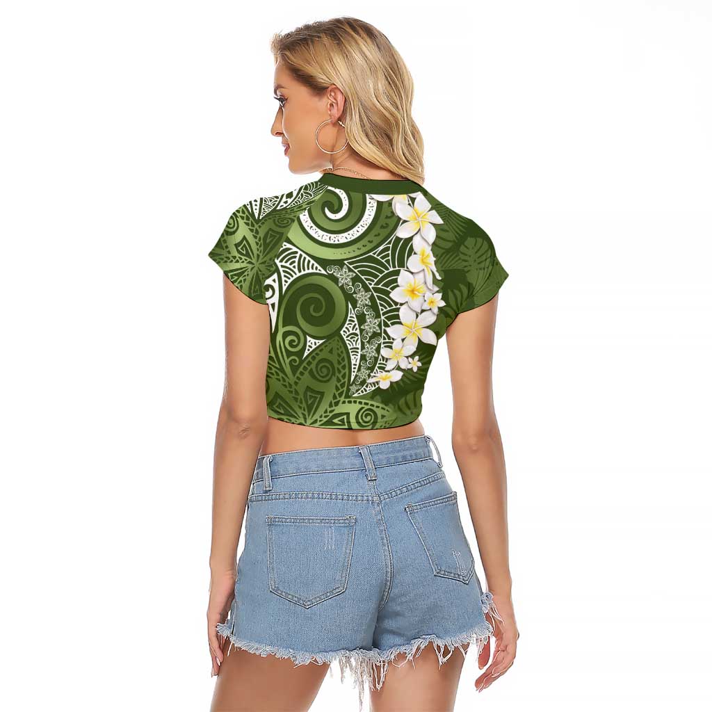 Green Polynesian Tribal Frangipani Tropical Vibe Raglan Cropped T Shirt