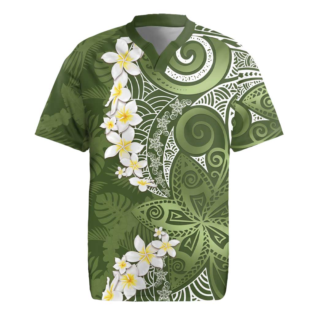Green Polynesian Tribal Frangipani Tropical Vibe Rugby Jersey