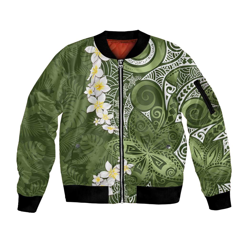 Green Polynesian Tribal Frangipani Tropical Vibe Sleeve Zip Bomber Jacket