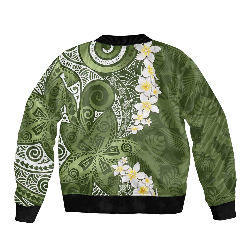 Green Polynesian Tribal Frangipani Tropical Vibe Sleeve Zip Bomber Jacket