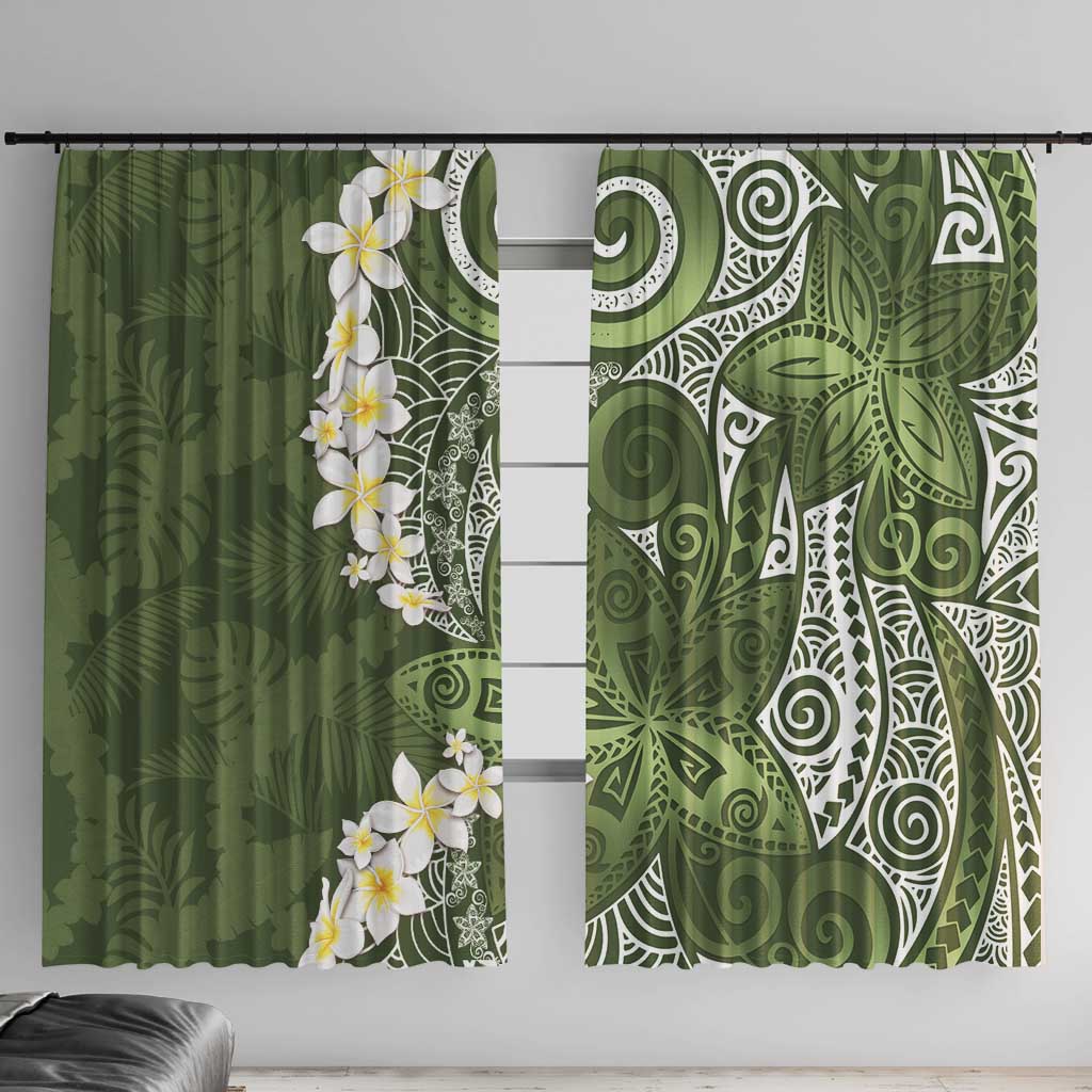 Green Polynesian Tribal Frangipani Tropical Vibe Window Curtain LT14 With Hooks Green - Polynesian Pride