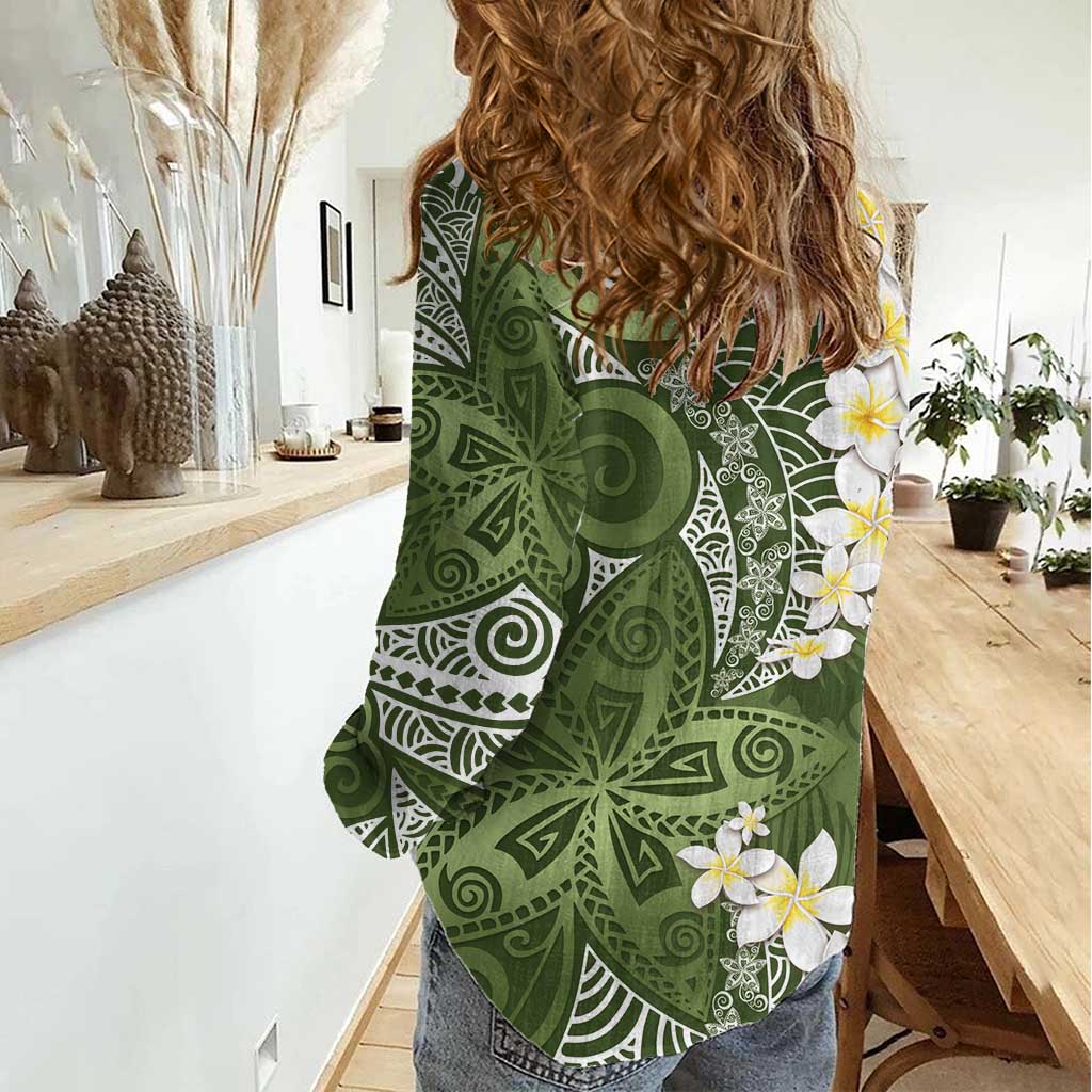 Green Polynesian Tribal Frangipani Tropical Vibe Women Casual Shirt