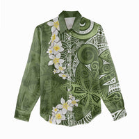 Green Polynesian Tribal Frangipani Tropical Vibe Women Casual Shirt