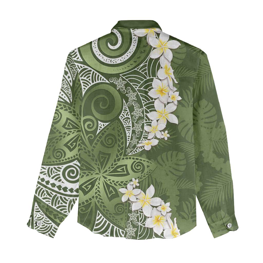 Green Polynesian Tribal Frangipani Tropical Vibe Women Casual Shirt