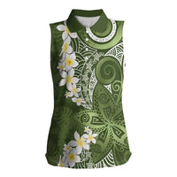Green Polynesian Tribal Frangipani Tropical Vibe Women Sleeveless Polo Shirt