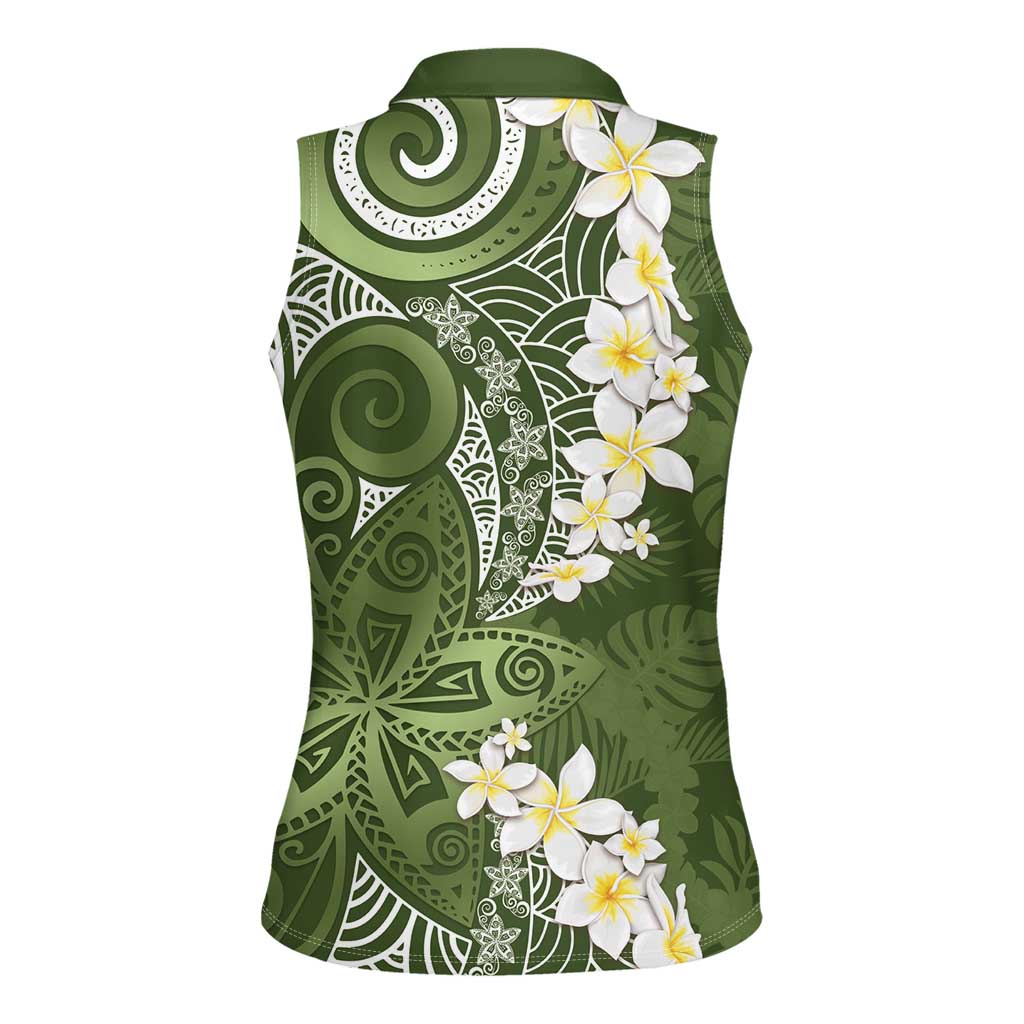 Green Polynesian Tribal Frangipani Tropical Vibe Women Sleeveless Polo Shirt