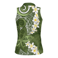 Green Polynesian Tribal Frangipani Tropical Vibe Women Sleeveless Polo Shirt