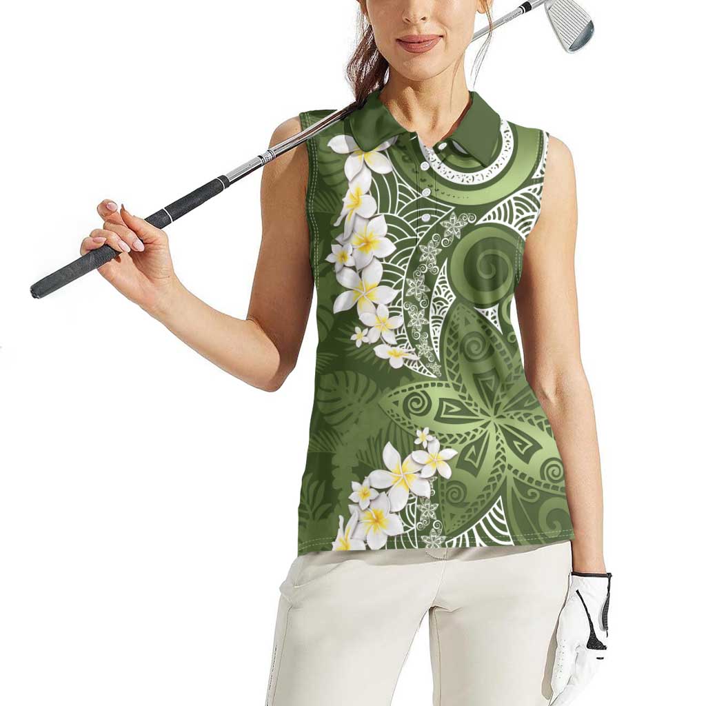 Green Polynesian Tribal Frangipani Tropical Vibe Women Sleeveless Polo Shirt