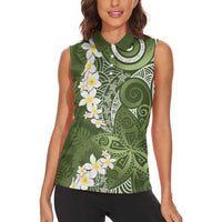 Green Polynesian Tribal Frangipani Tropical Vibe Women Sleeveless Polo Shirt