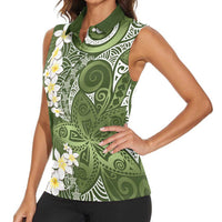 Green Polynesian Tribal Frangipani Tropical Vibe Women Sleeveless Polo Shirt