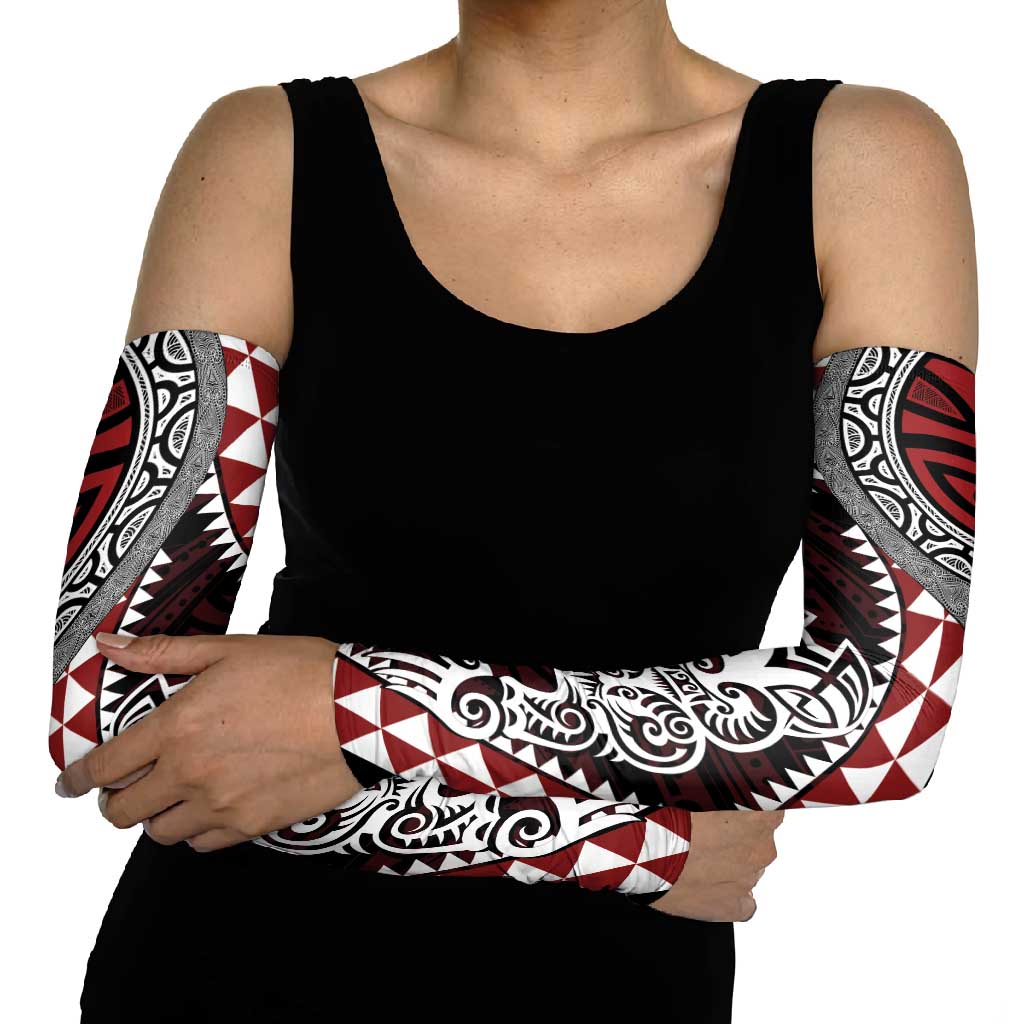 Red Aotearoa Niho Taniwha Arm Sleeves Maori Mythology Tooth - Taniko Motifs - Polynesian Pride