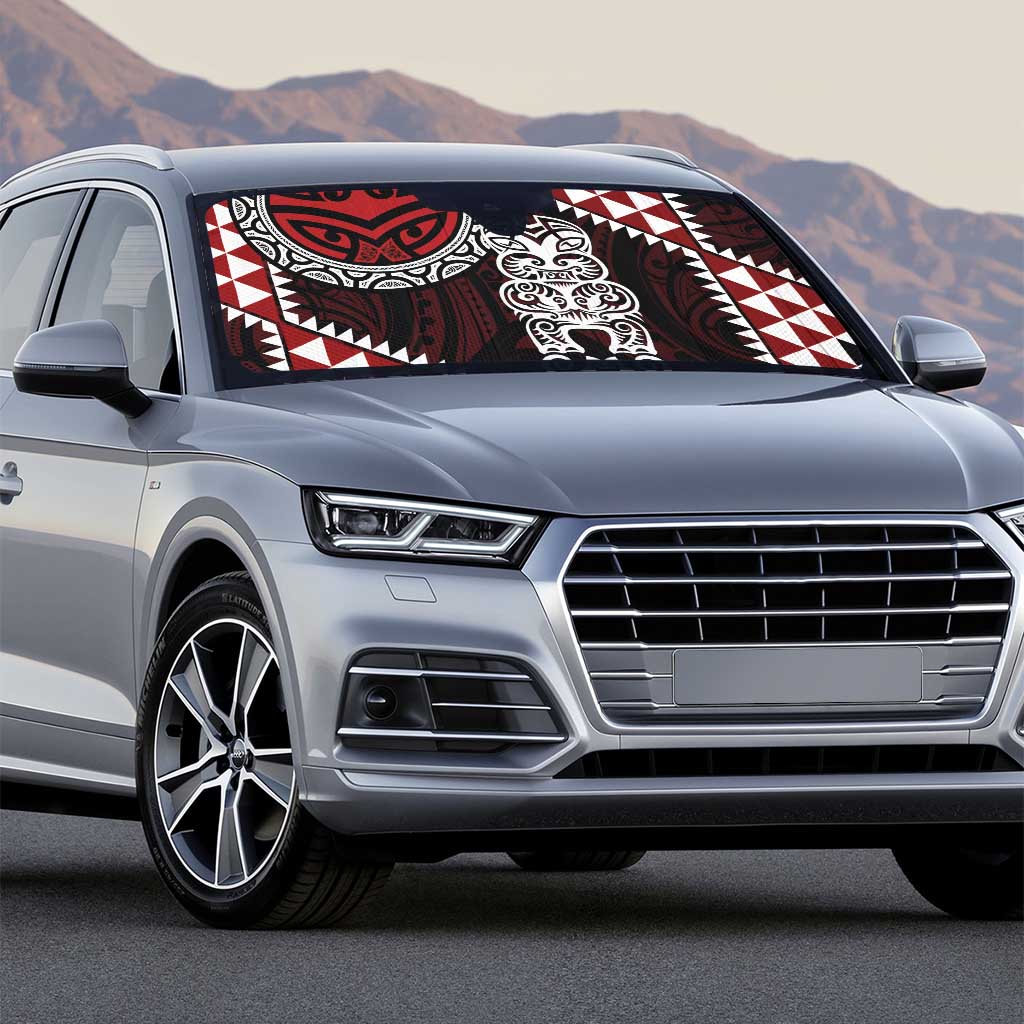 Red Aotearoa Niho Taniwha Auto Sun Shade Maori Mythology Tooth - Taniko Motifs - Polynesian Pride