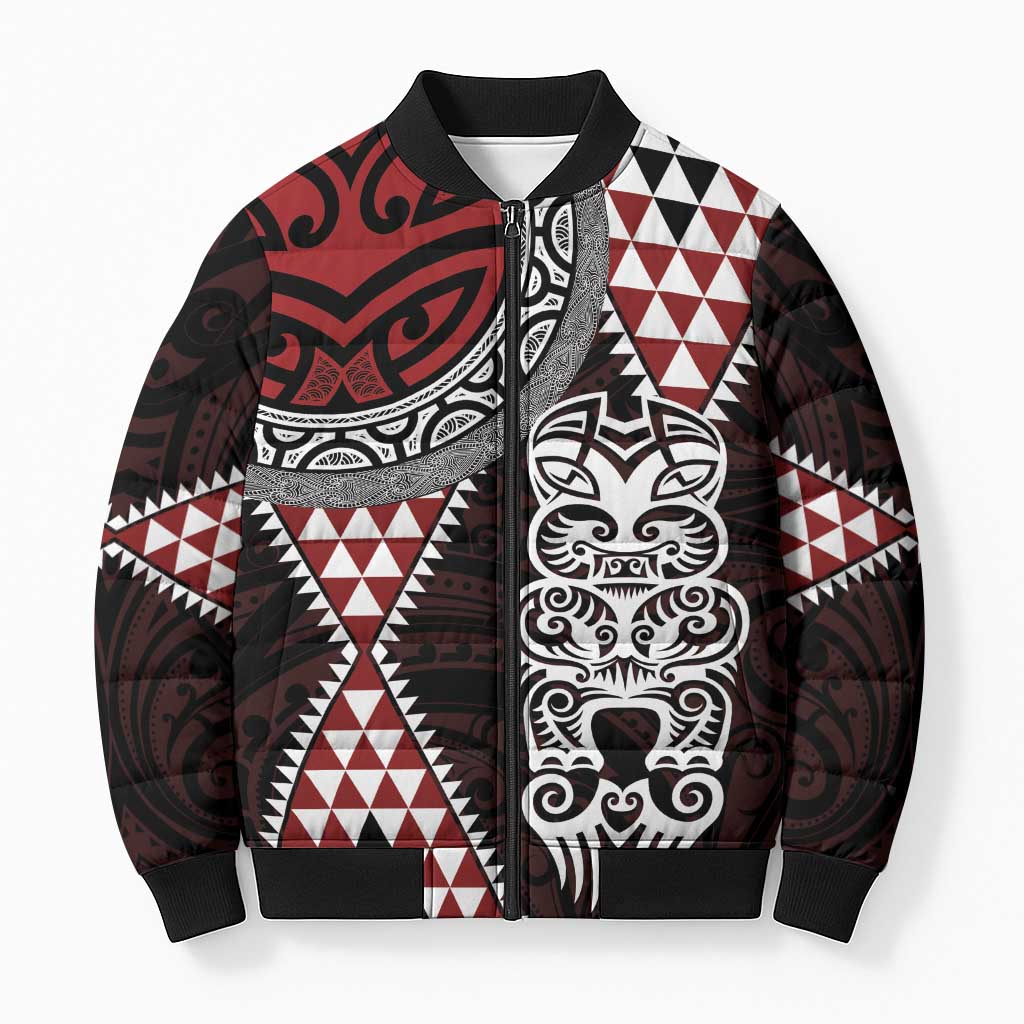 Red Aotearoa Niho Taniwha Bomber Puffer Jacket Maori Mythology Tooth - Taniko Motifs LT14 Unisex Red - Polynesian Pride