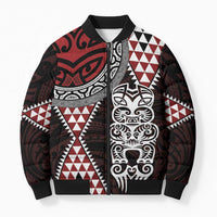 Red Aotearoa Niho Taniwha Bomber Puffer Jacket Maori Mythology Tooth - Taniko Motifs LT14 Unisex Red - Polynesian Pride