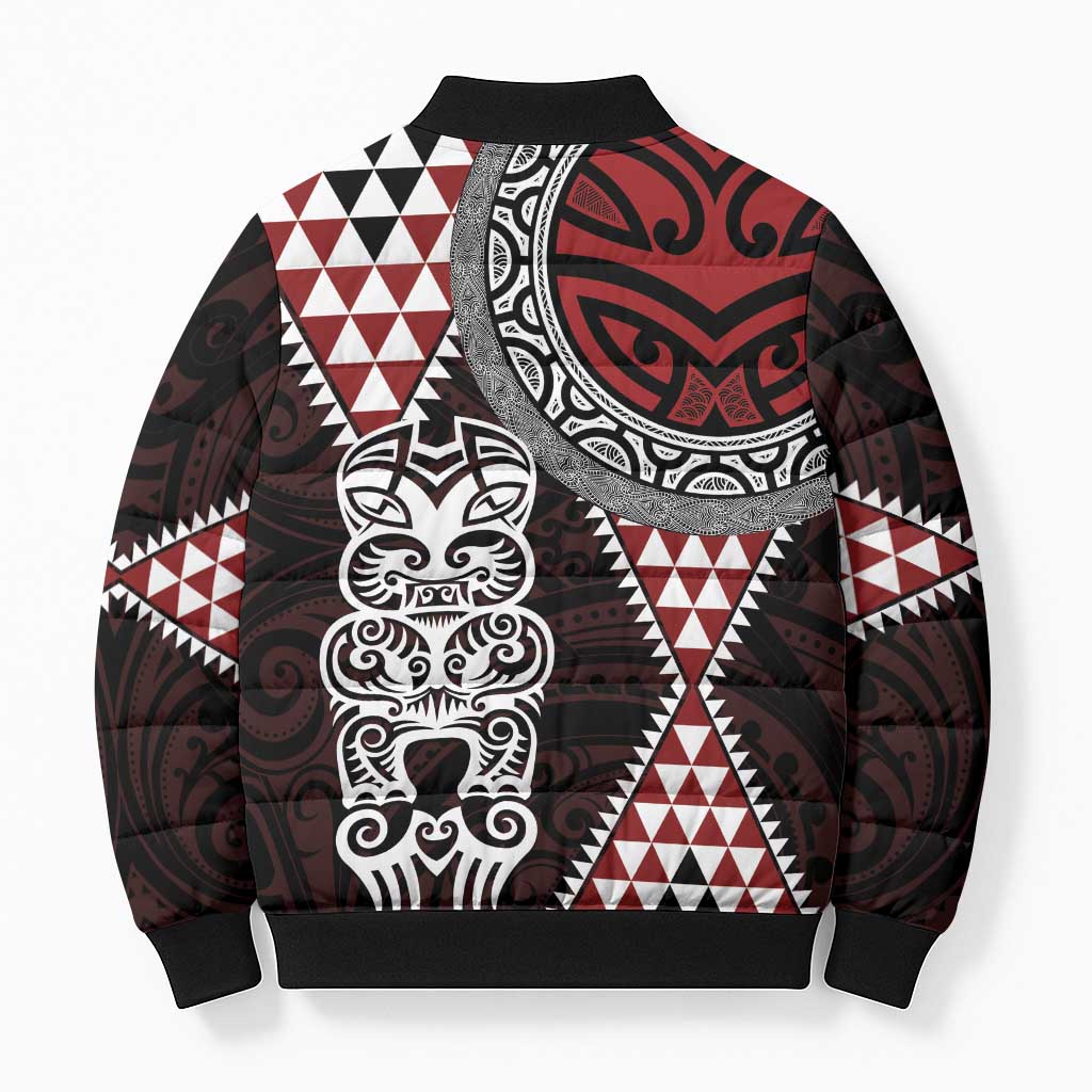 Red Aotearoa Niho Taniwha Bomber Puffer Jacket Maori Mythology Tooth - Taniko Motifs LT14 - Polynesian Pride
