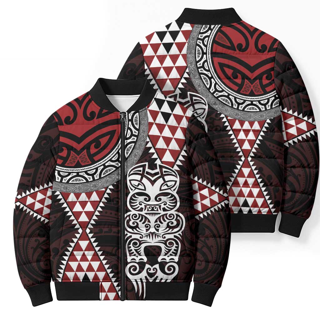 Red Aotearoa Niho Taniwha Bomber Puffer Jacket Maori Mythology Tooth - Taniko Motifs LT14 - Polynesian Pride