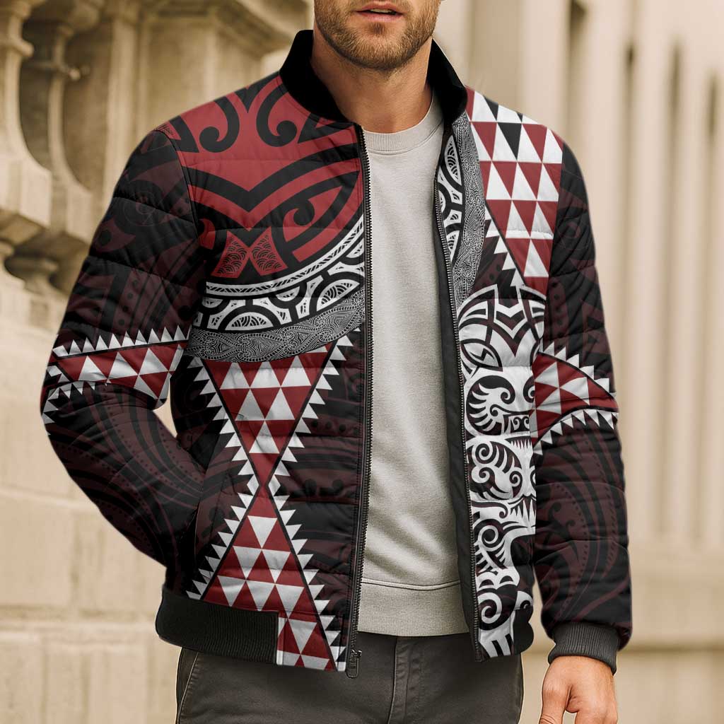 Red Aotearoa Niho Taniwha Bomber Puffer Jacket Maori Mythology Tooth - Taniko Motifs LT14 - Polynesian Pride